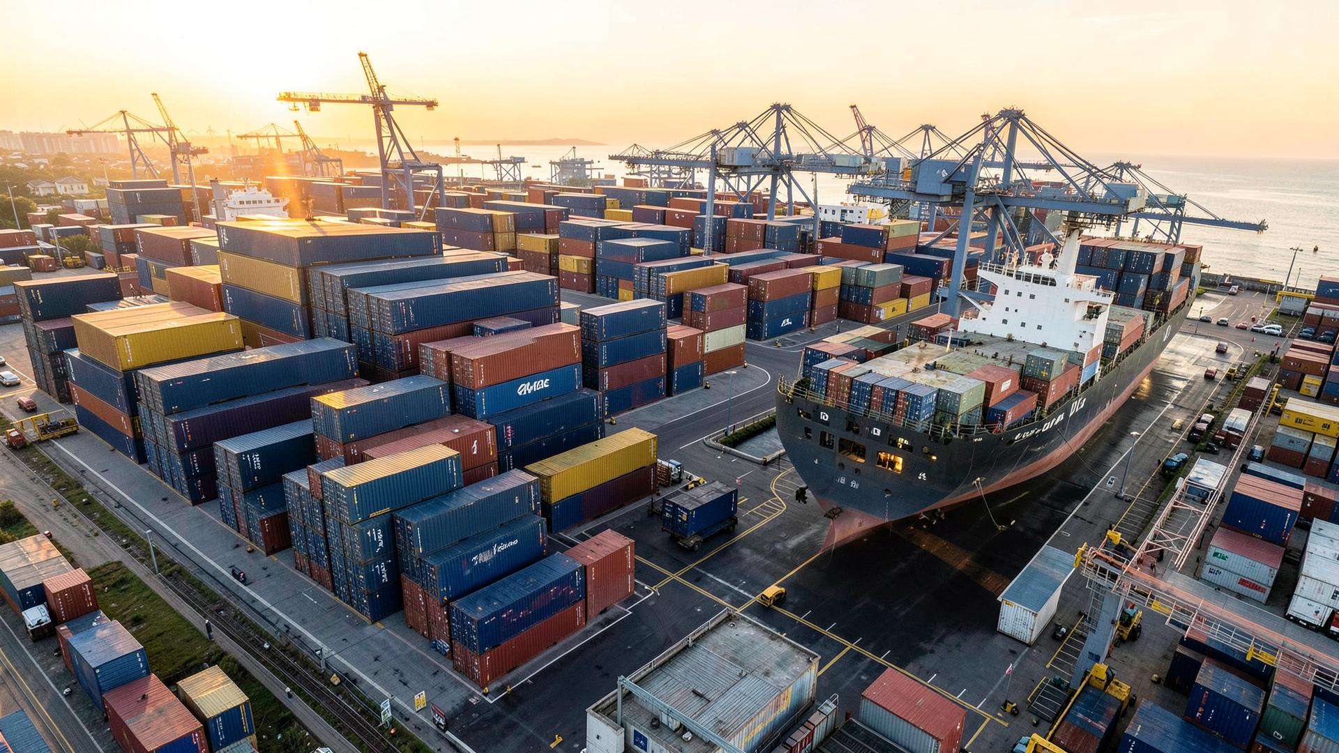 Container terminal with cargo ships and stacked containers